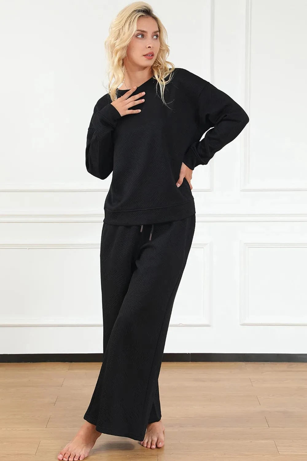 Double Take (Oh) Dresses Double Take Full Size Textured Long Sleeve Top and Drawstring Pants Set