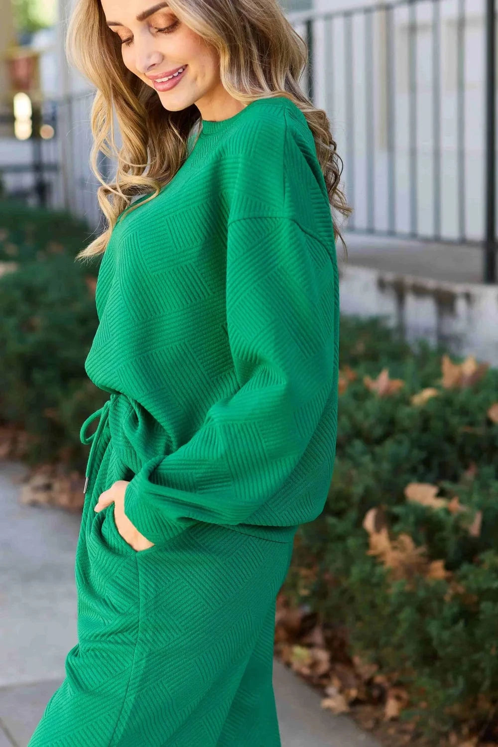 Double Take (Oh) Dresses Double Take Full Size Textured Long Sleeve Top and Drawstring Pants Set