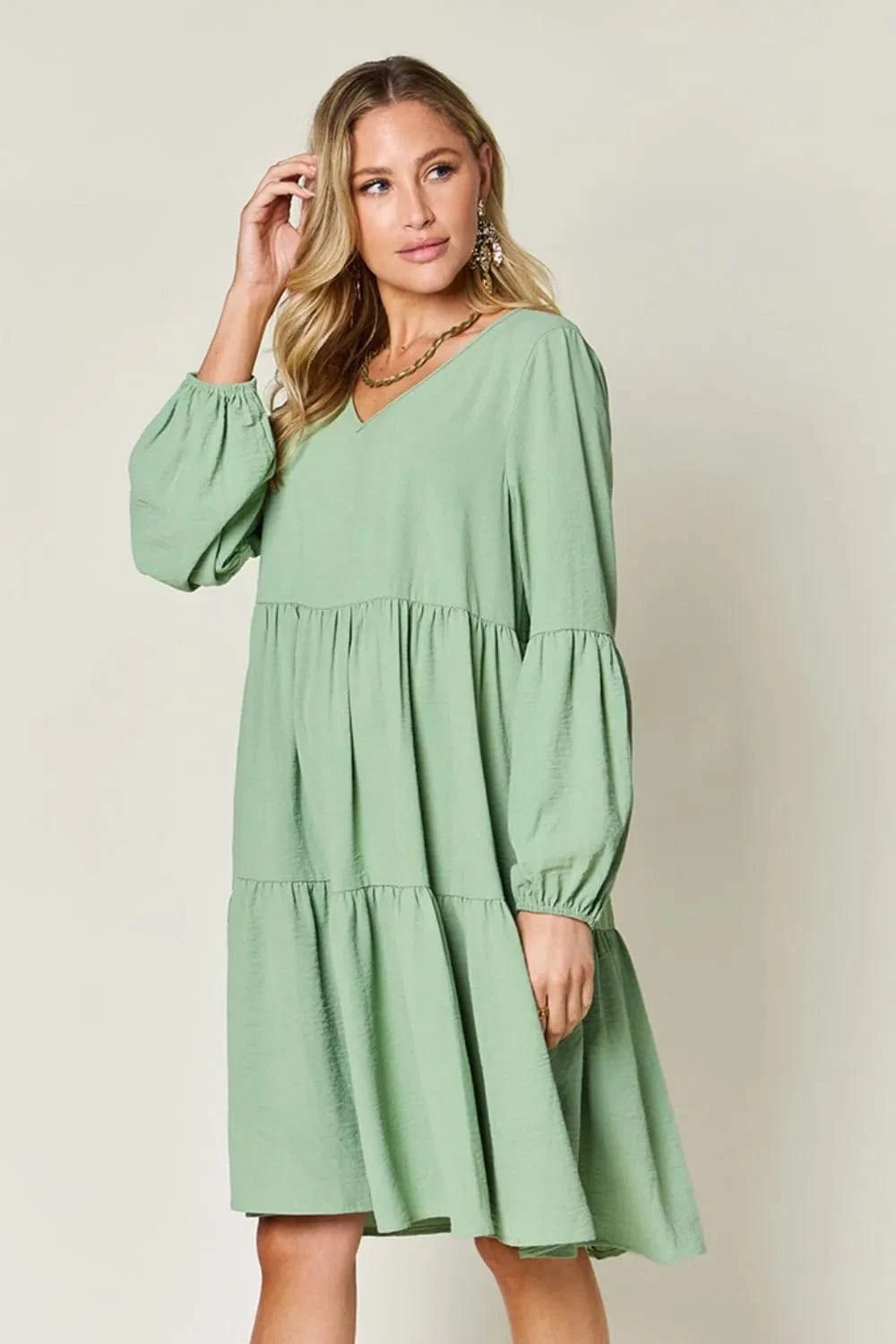 Double Take (Oh) Dresses Double Take Full Size V-Neck Balloon Sleeve Tiered Dress with Pockets