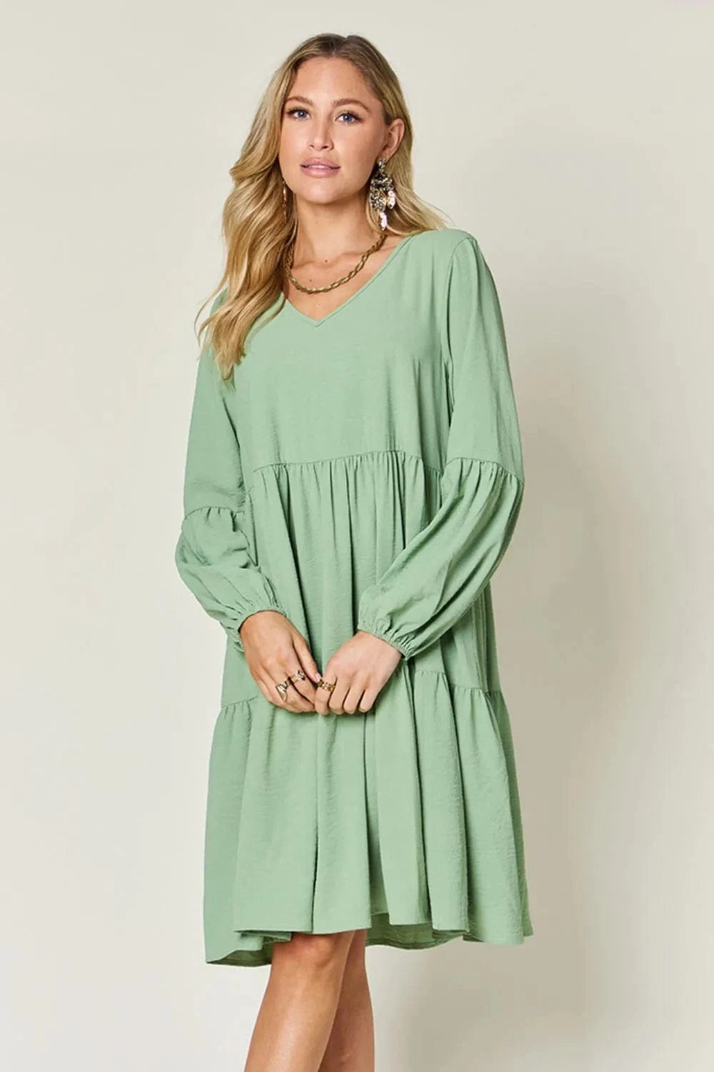 Double Take (Oh) Dresses Double Take Full Size V-Neck Balloon Sleeve Tiered Dress with Pockets