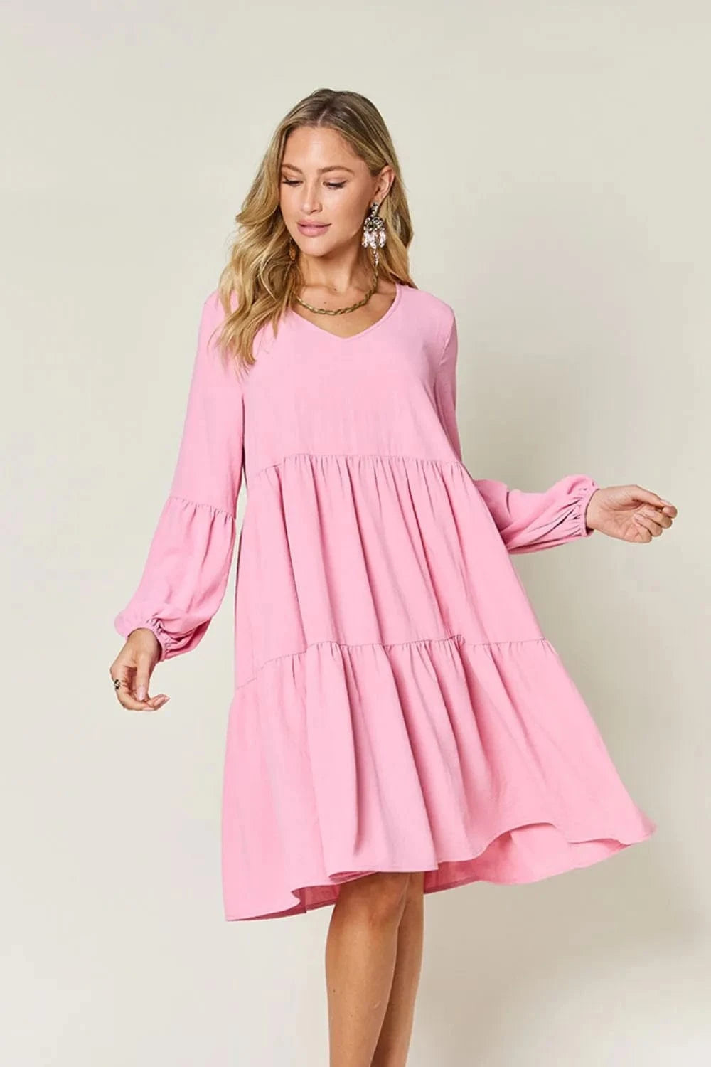 Double Take (Oh) Dresses Double Take Full Size V-Neck Balloon Sleeve Tiered Dress with Pockets