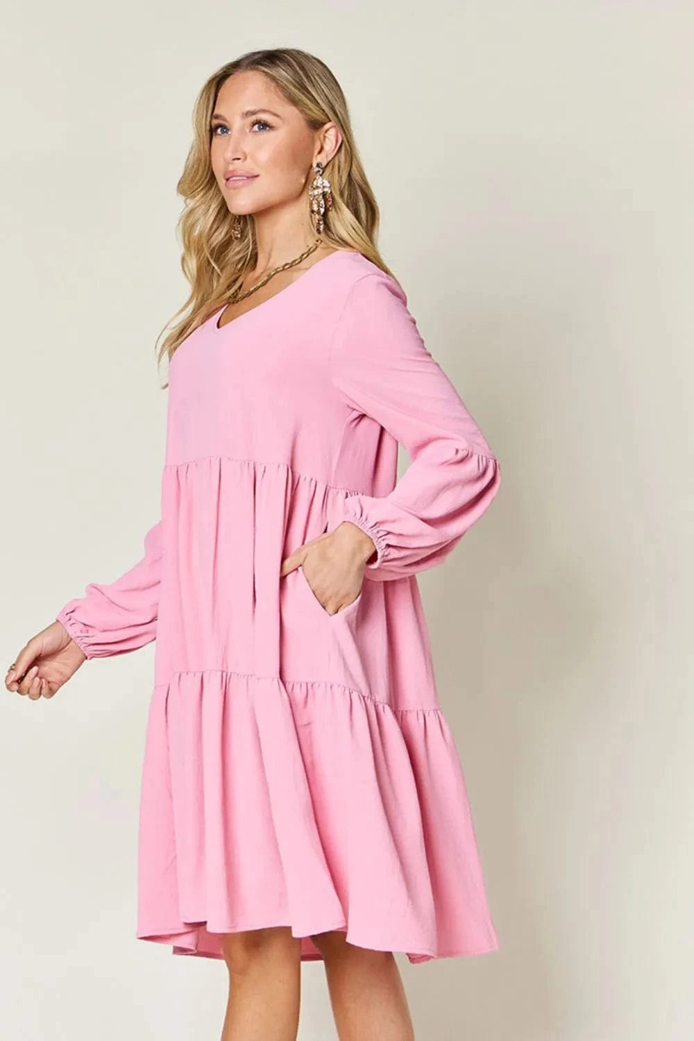 Double Take (Oh) Dresses Double Take Full Size V-Neck Balloon Sleeve Tiered Dress with Pockets