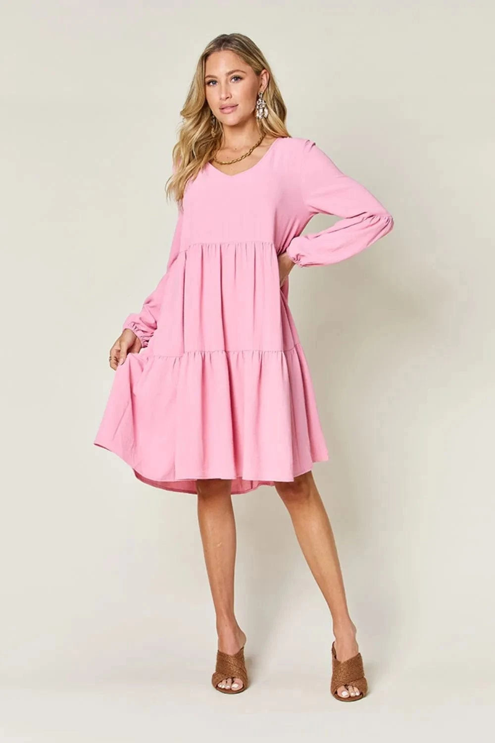 Double Take (Oh) Dresses Double Take Full Size V-Neck Balloon Sleeve Tiered Dress with Pockets