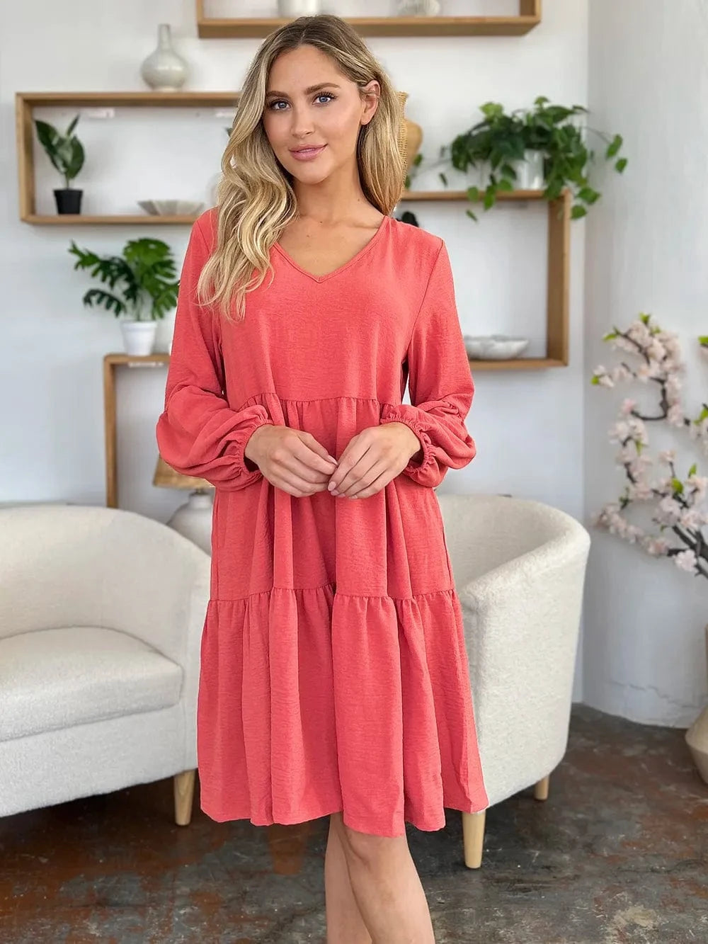 Double Take (Oh) Dresses Double Take Full Size V-Neck Balloon Sleeve Tiered Dress with Pockets