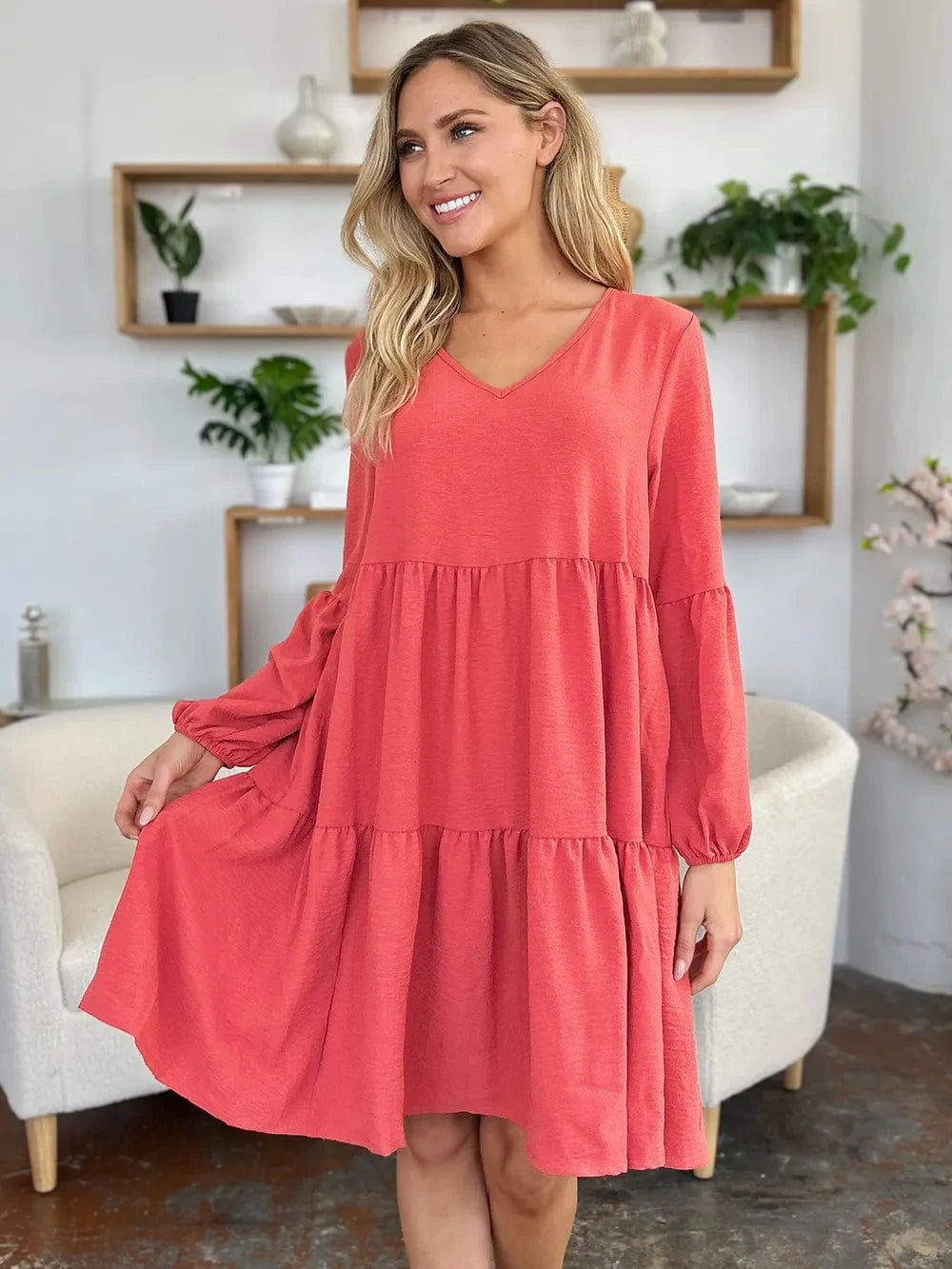 Double Take (Oh) Dresses Double Take Full Size V-Neck Balloon Sleeve Tiered Dress with Pockets