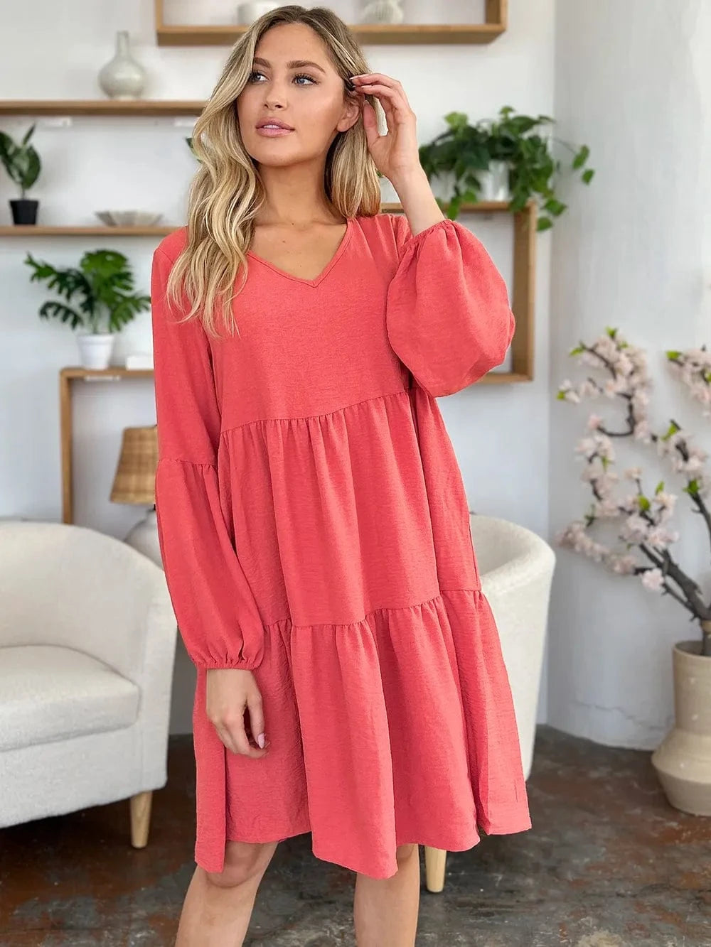 Double Take (Oh) Dresses Double Take Full Size V-Neck Balloon Sleeve Tiered Dress with Pockets