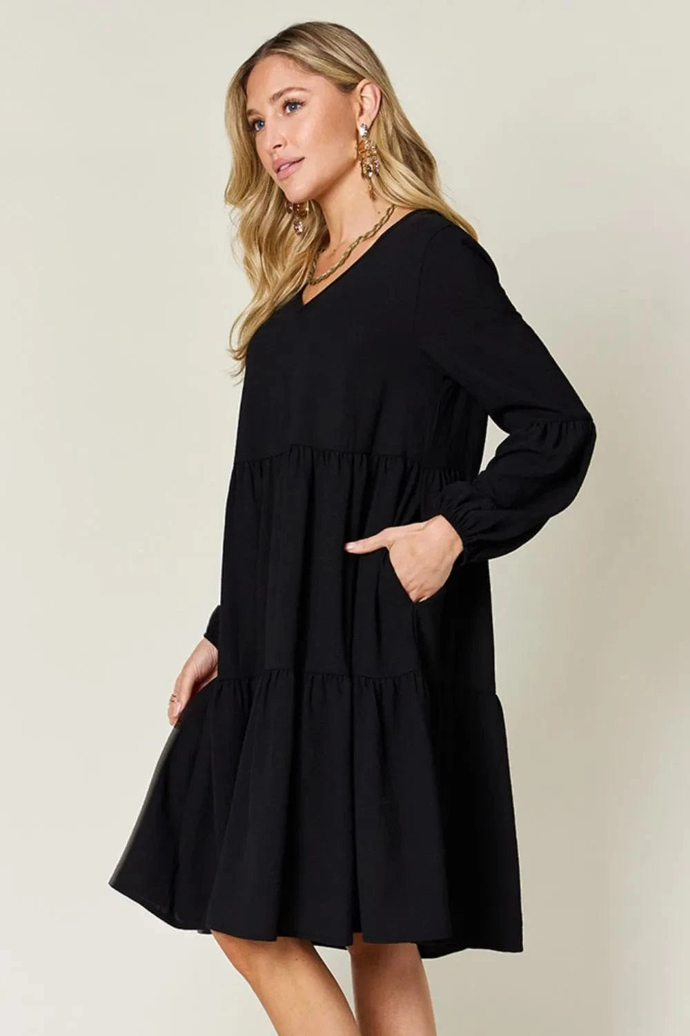 Double Take (Oh) Dresses Double Take Full Size V-Neck Balloon Sleeve Tiered Dress with Pockets