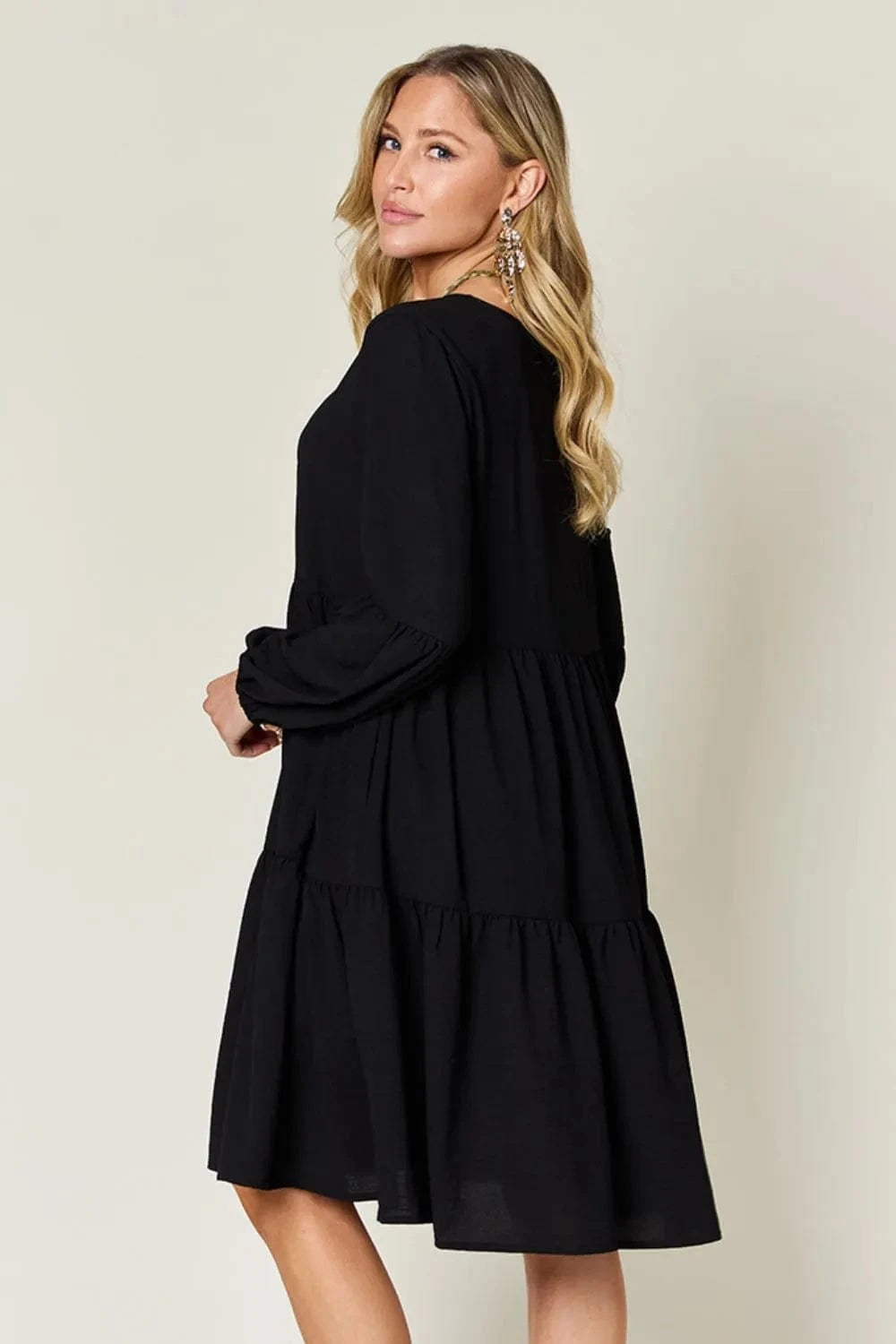 Double Take (Oh) Dresses Double Take Full Size V-Neck Balloon Sleeve Tiered Dress with Pockets