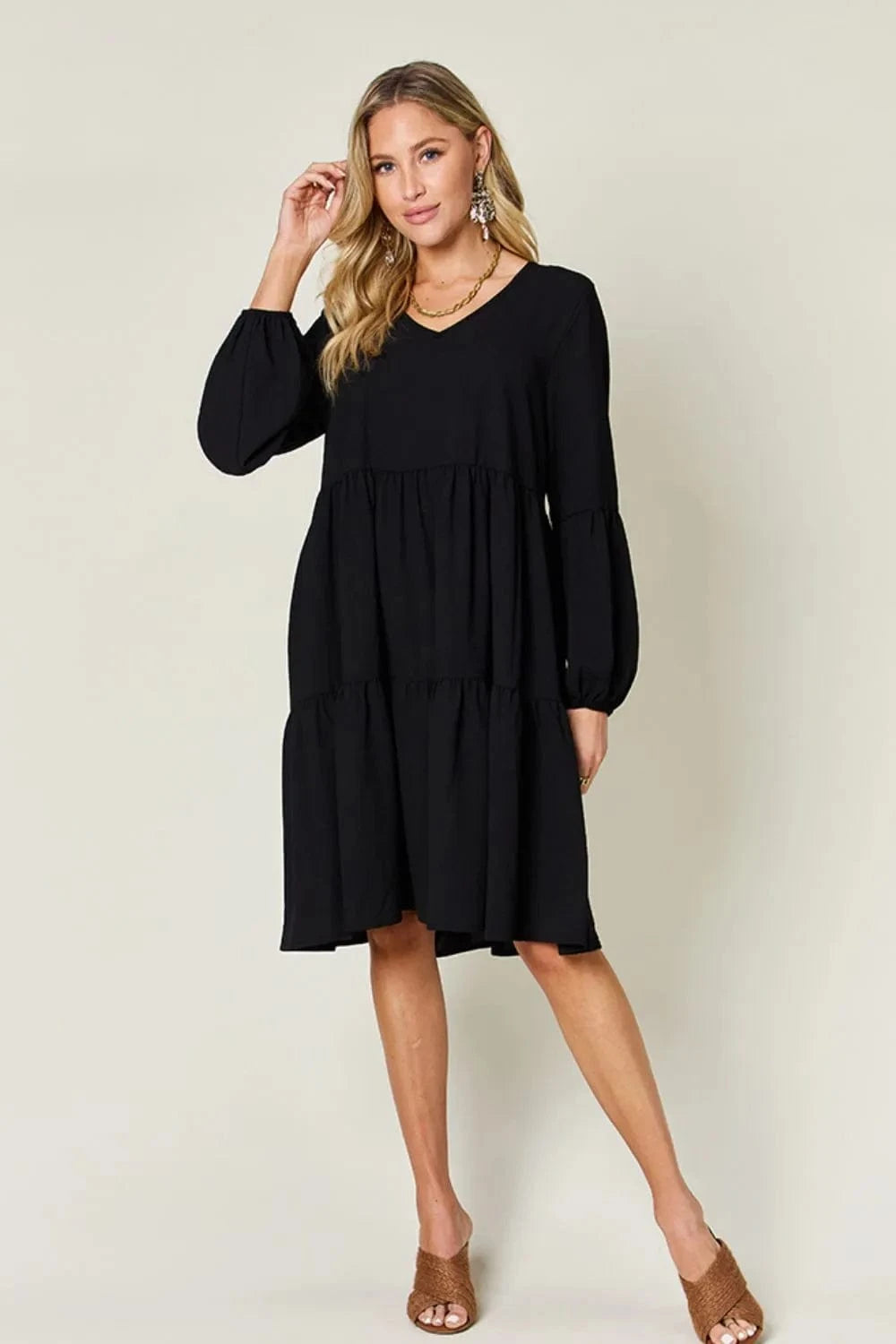 Double Take (Oh) Dresses Double Take Full Size V-Neck Balloon Sleeve Tiered Dress with Pockets