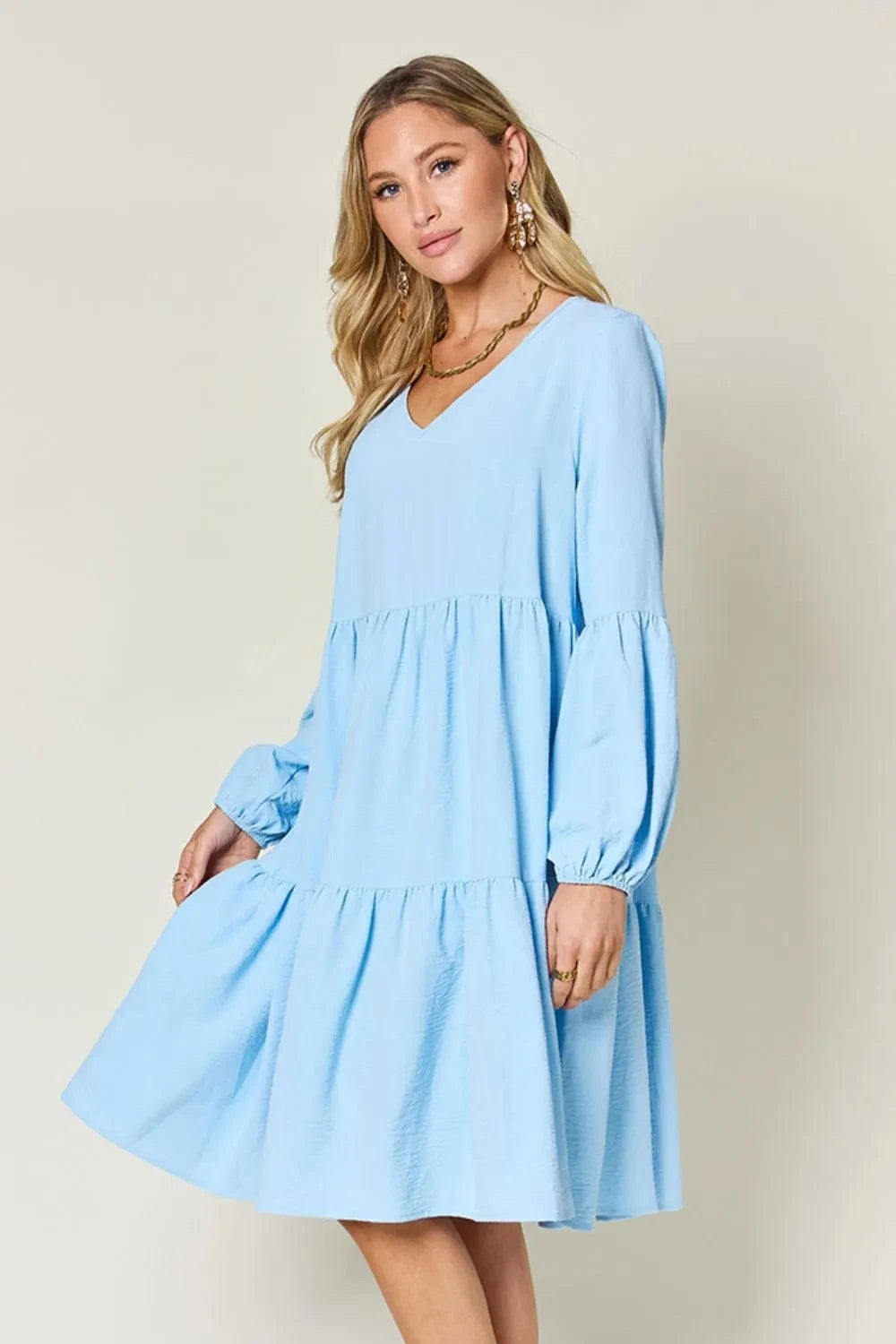 Double Take (Oh) Dresses Double Take Full Size V-Neck Balloon Sleeve Tiered Dress with Pockets