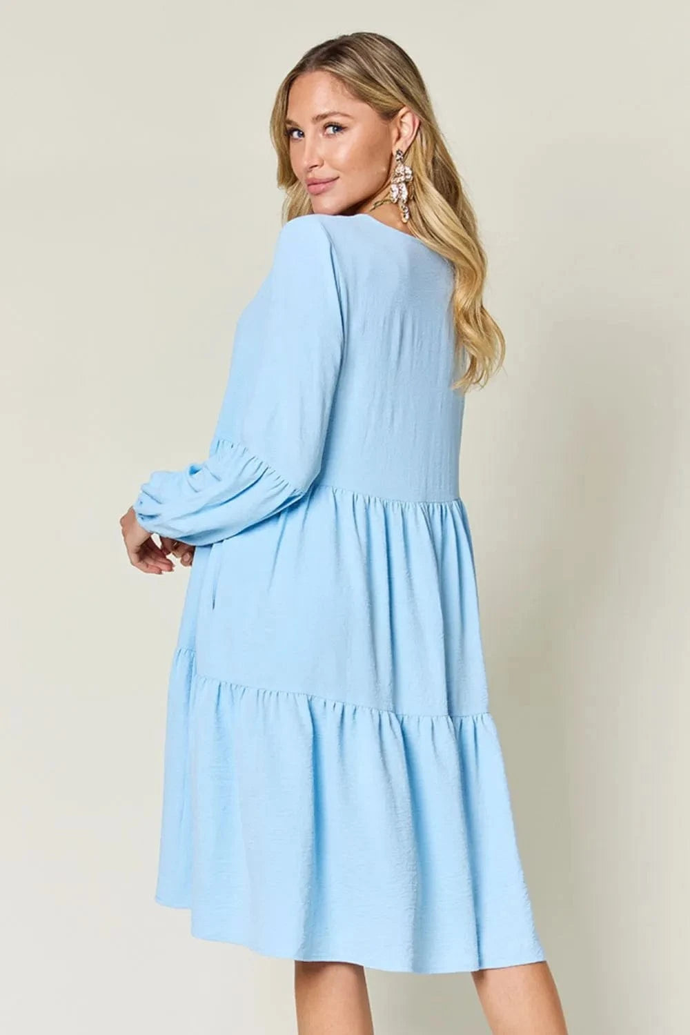 Double Take (Oh) Dresses Double Take Full Size V-Neck Balloon Sleeve Tiered Dress with Pockets