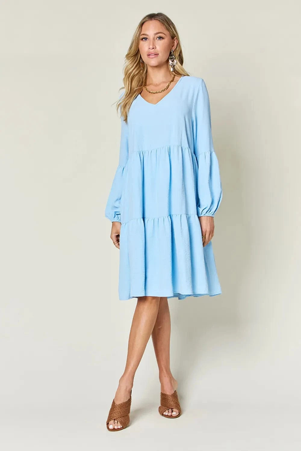 Double Take (Oh) Dresses Double Take Full Size V-Neck Balloon Sleeve Tiered Dress with Pockets