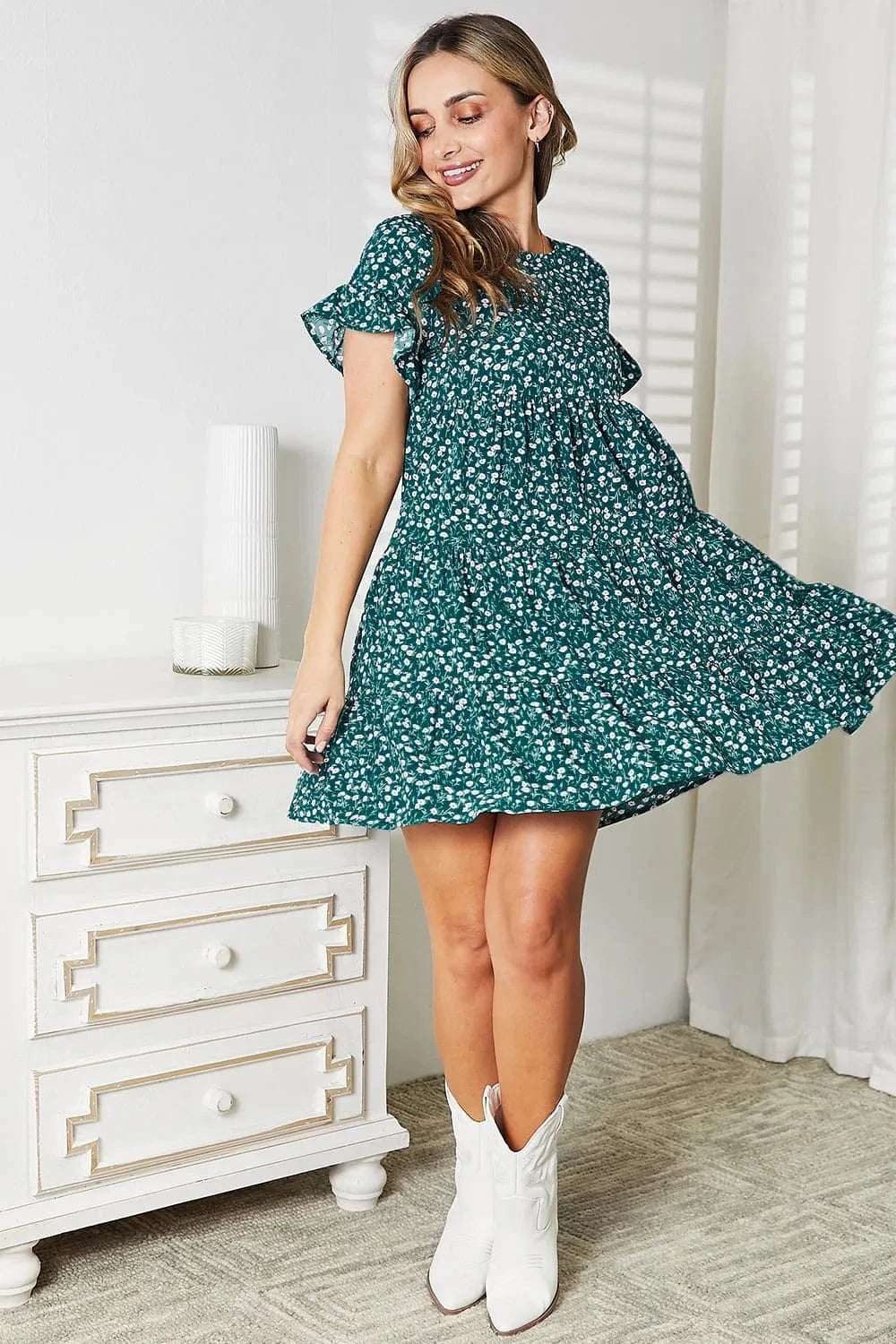 Double Take (Oh) Dresses Double Take Short Flounce Sleeve Tiered Dress