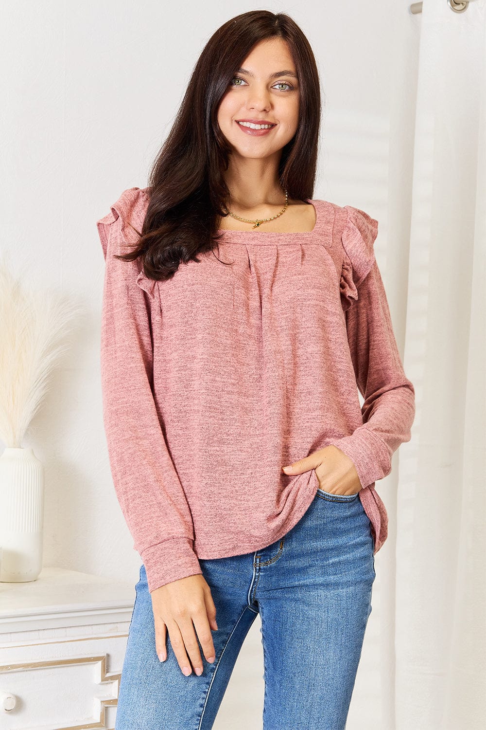 Double Take (Oh) Dresses Double Take Square Neck Ruffle Shoulder Long Sleeve T-Shirt