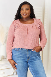 Double Take (Oh) Dresses Dusty Pink / S Double Take Square Neck Ruffle Shoulder Long Sleeve T-Shirt