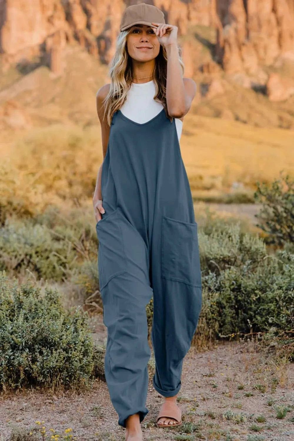 Double Take (Oh) Dresses French Blue / S Double Take Full Size V-Neck Sleeveless Jumpsuit with Pockets