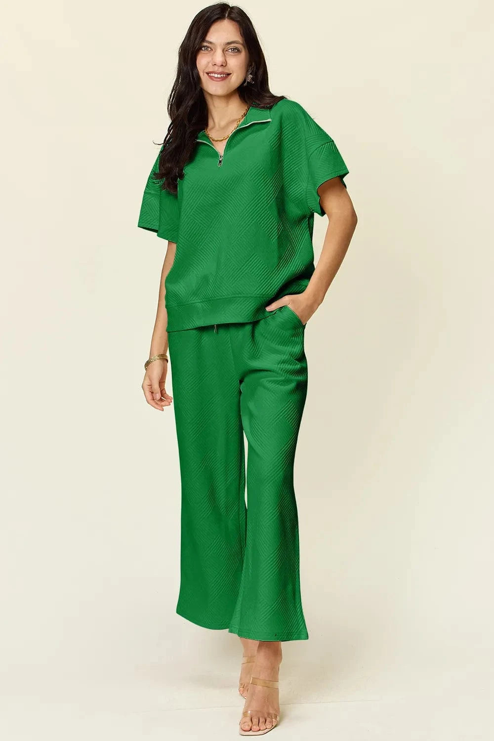 Double Take (Oh) Dresses Green / S Double Take Full Size Texture Half Zip Short Sleeve Top and Pants Set
