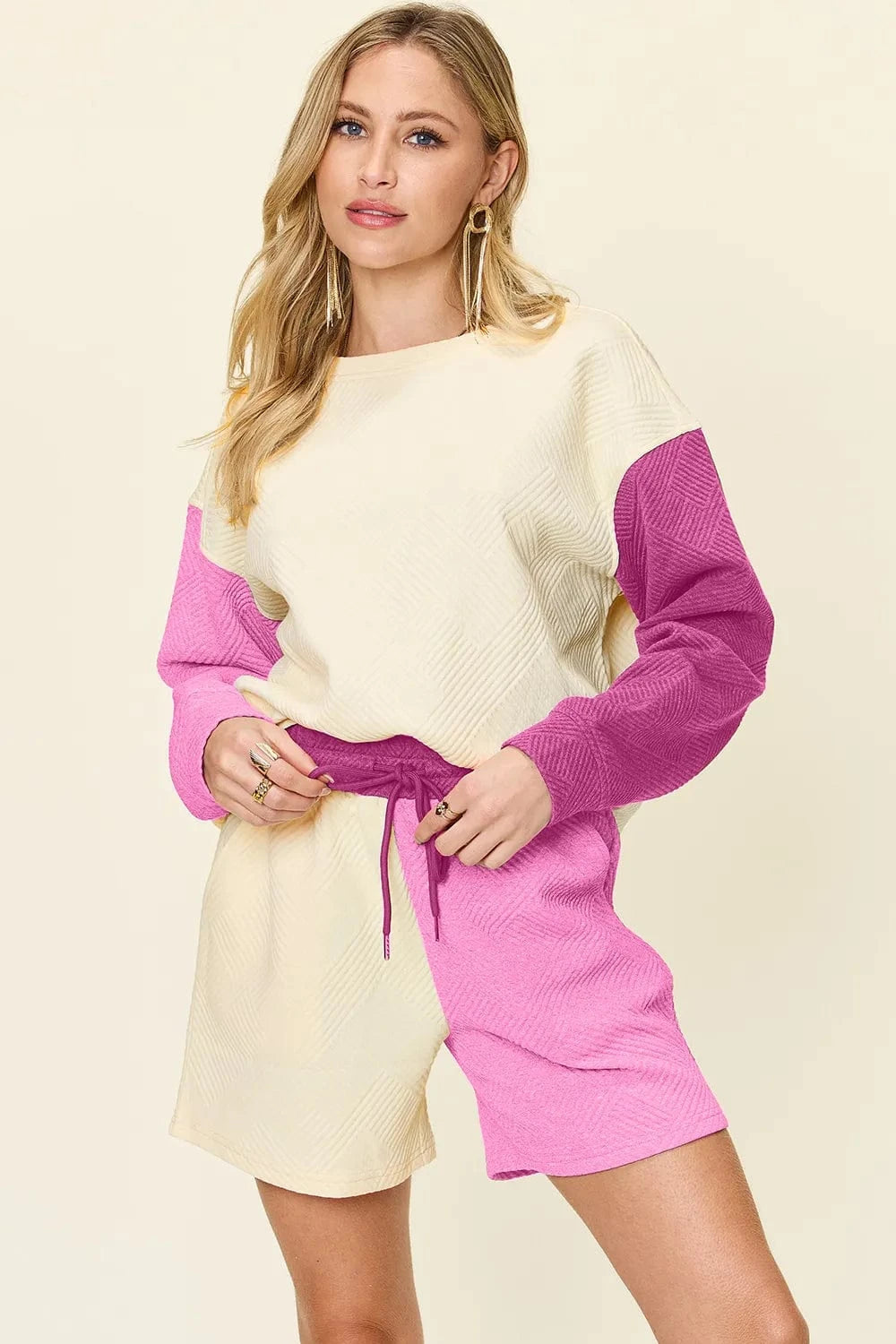 Double Take (Oh) Dresses Hot Pink / S Double Take Full Size Contrast Drop Shoulder Top and Shorts Set