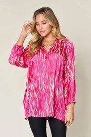 Double Take (Oh) Dresses Hot Pink / S Double Take Full Size Printed Button Up Long Sleeve Shirt