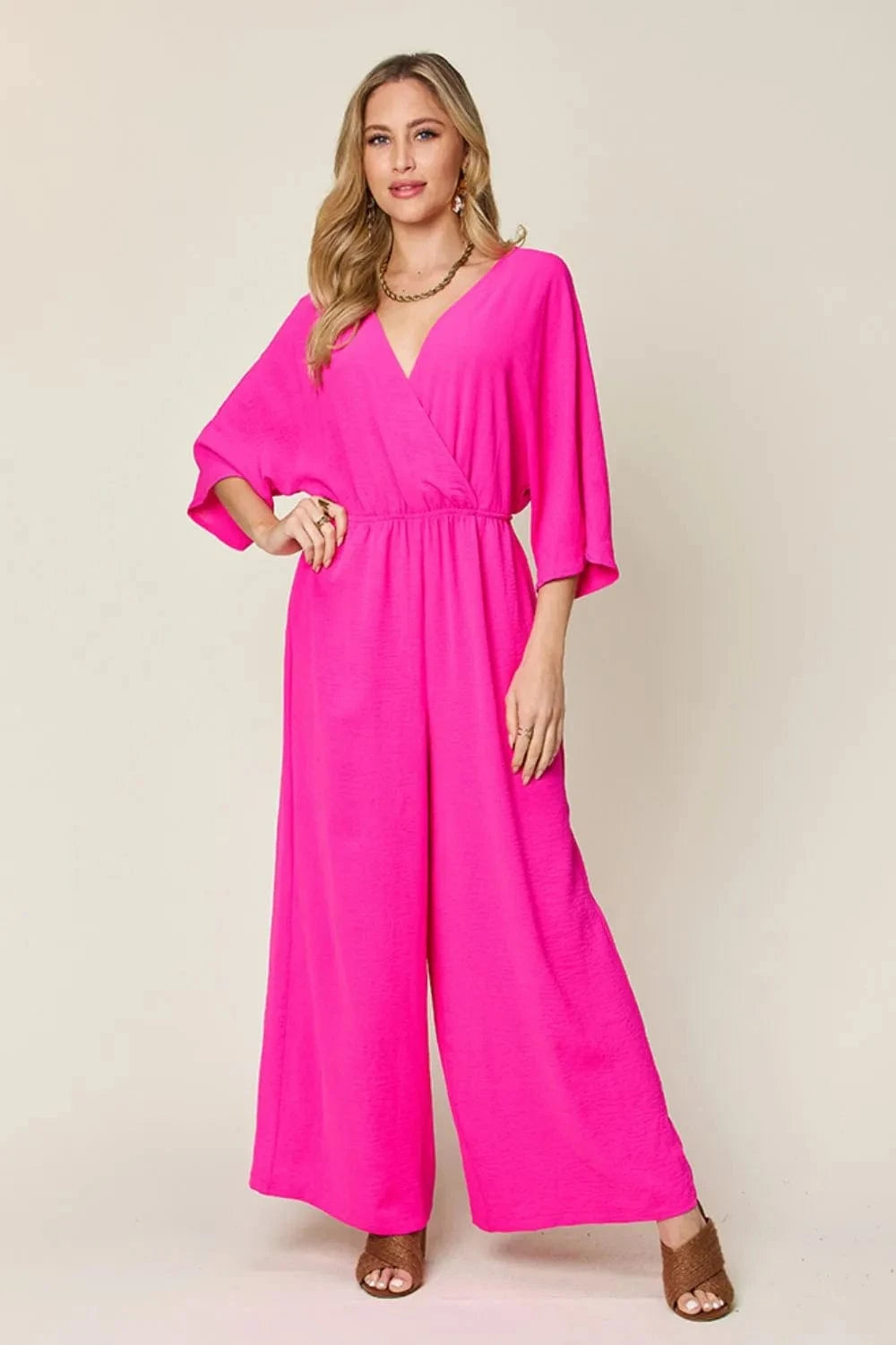 Double Take (Oh) Dresses Hot Pink / S Double Take Full Size Surplice Wide Leg Jumpsuit with Pockets