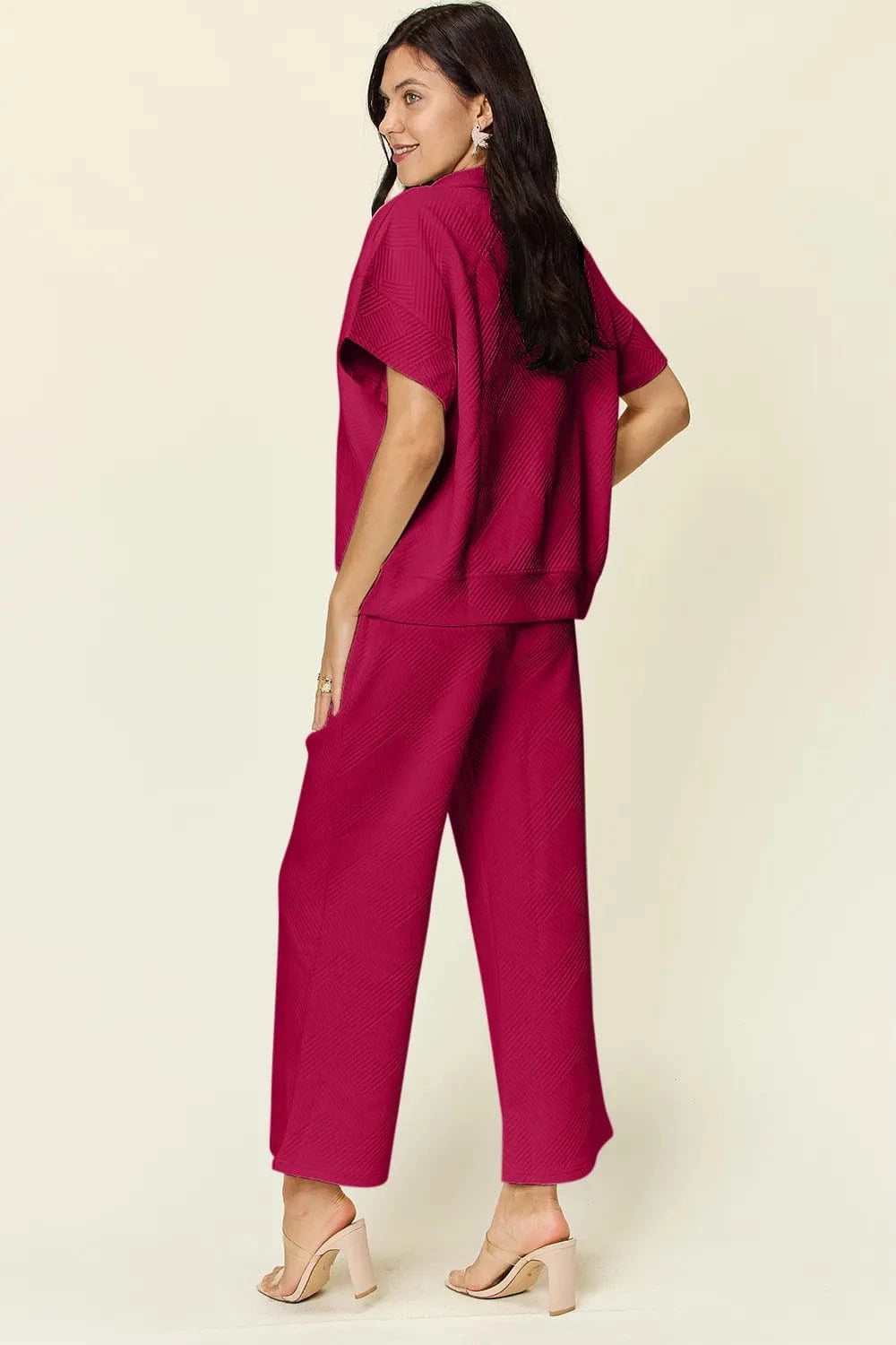 Double Take (Oh) Dresses Hot Pink / S Double Take Full Size Texture Half Zip Short Sleeve Top and Pants Set