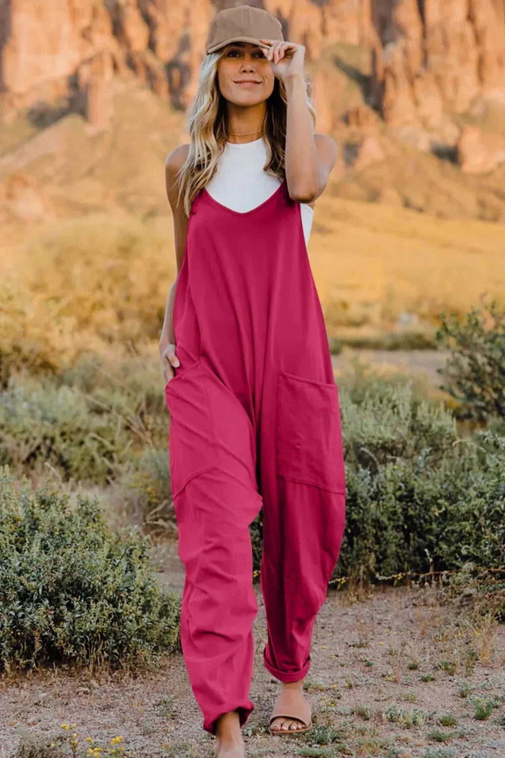 Double Take (Oh) Dresses Hot Pink / S Double Take Full Size V-Neck Sleeveless Jumpsuit with Pockets