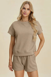 Double Take (Oh) Dresses Khaki / S Double Take Full Size Texture Short Sleeve Top and Shorts Set