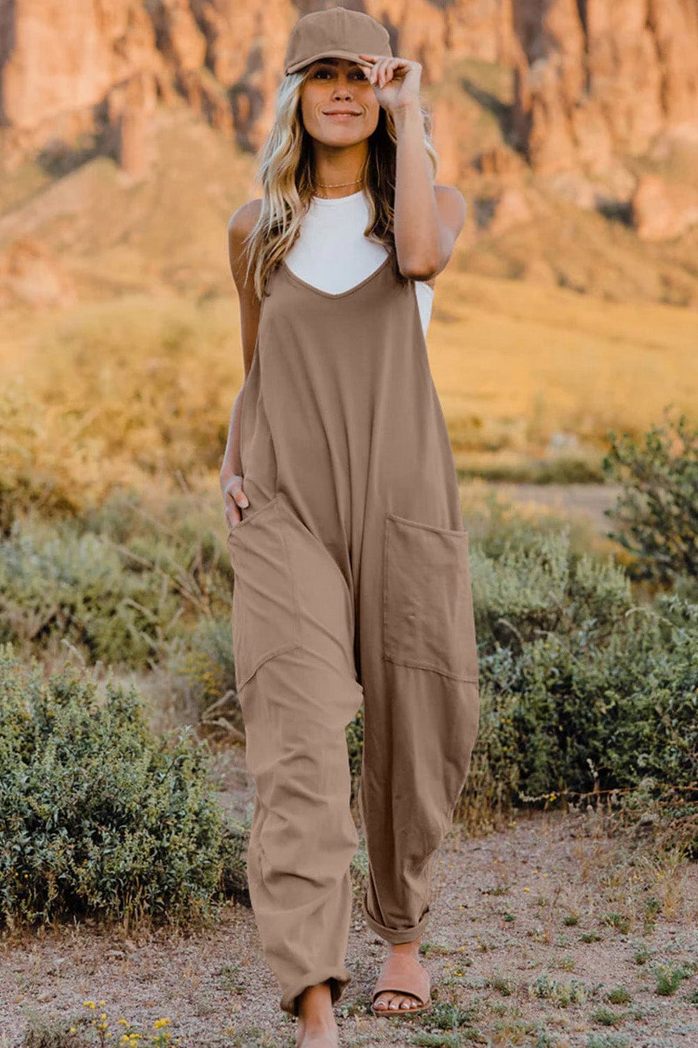 Double Take (Oh) Dresses Khaki / S Double Take Full Size V-Neck Sleeveless Jumpsuit with Pockets