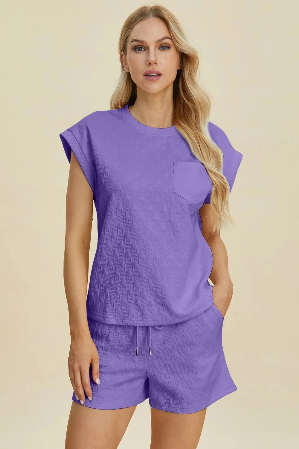 Double Take (Oh) Dresses Lavender / S Double Take Full Size Pocketed Texture Round Neck Top and Shorts Set