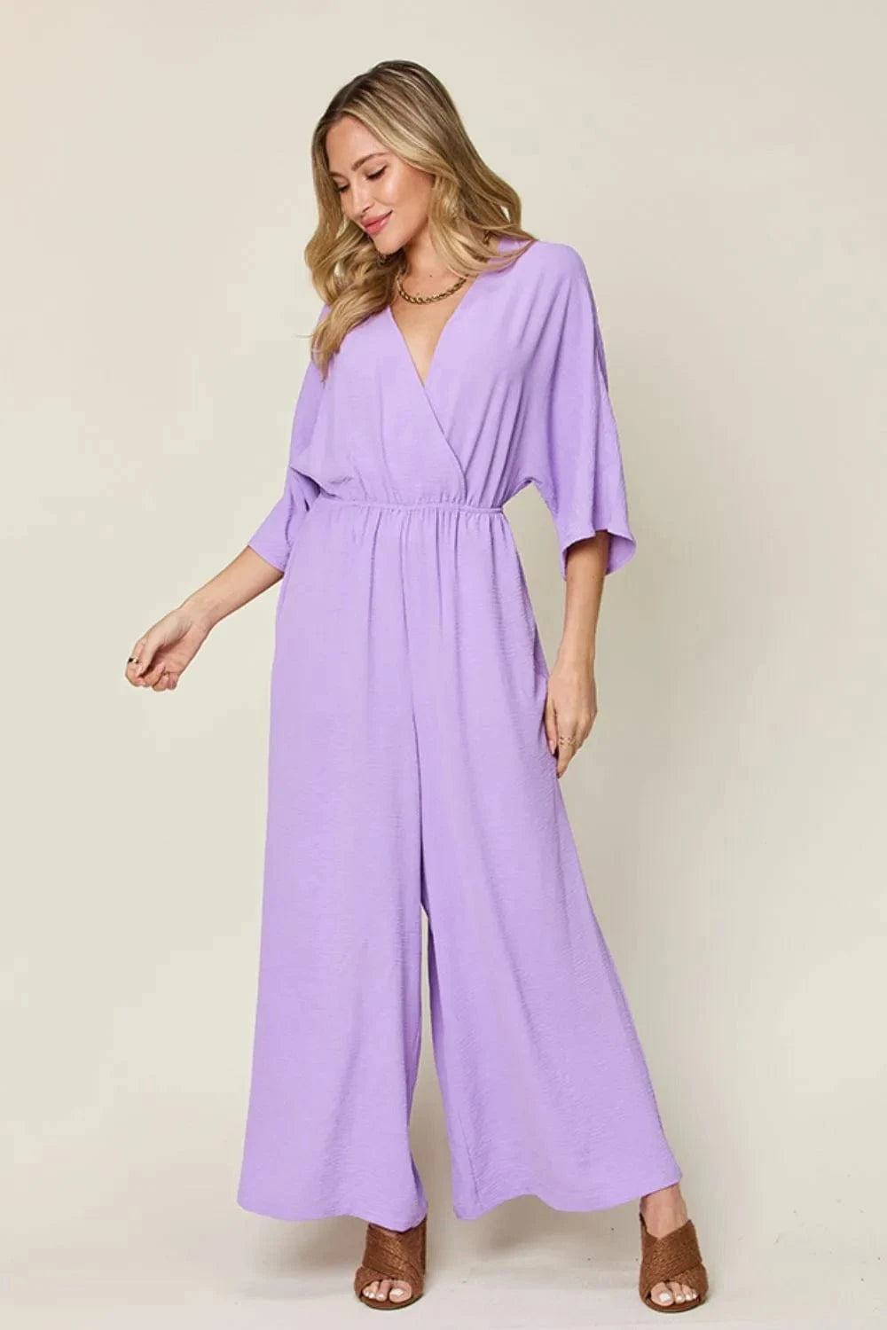 Double Take (Oh) Dresses Lavender / S Double Take Full Size Surplice Wide Leg Jumpsuit with Pockets