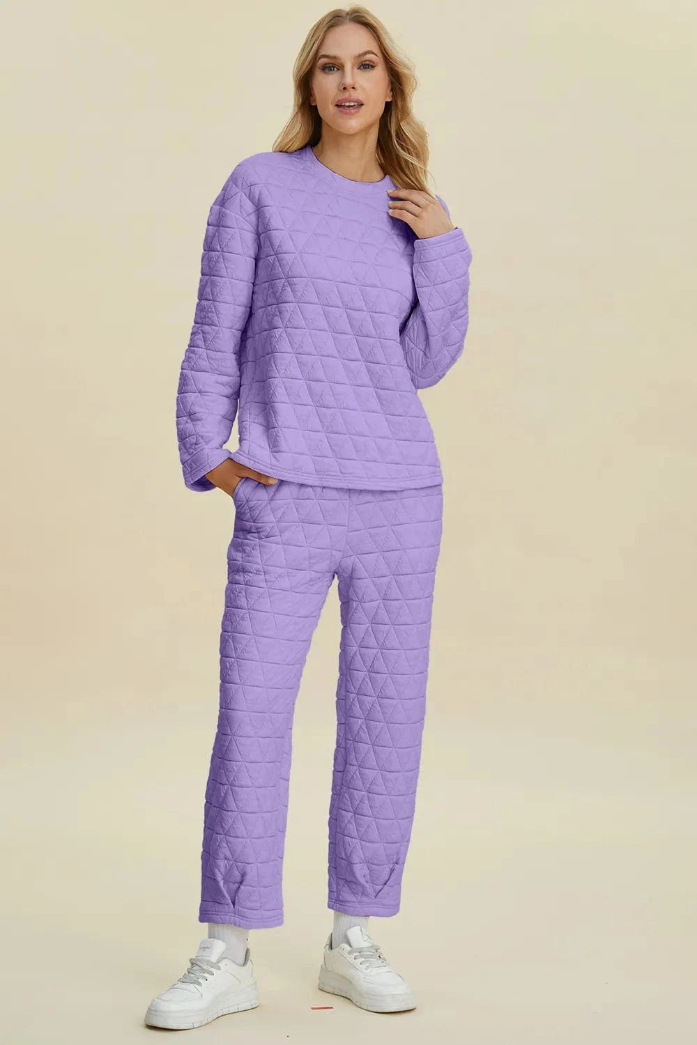 Double Take (Oh) Dresses Lavender / S Double Take Full Size Texture Round Neck Long Sleeve Top and Pants Set