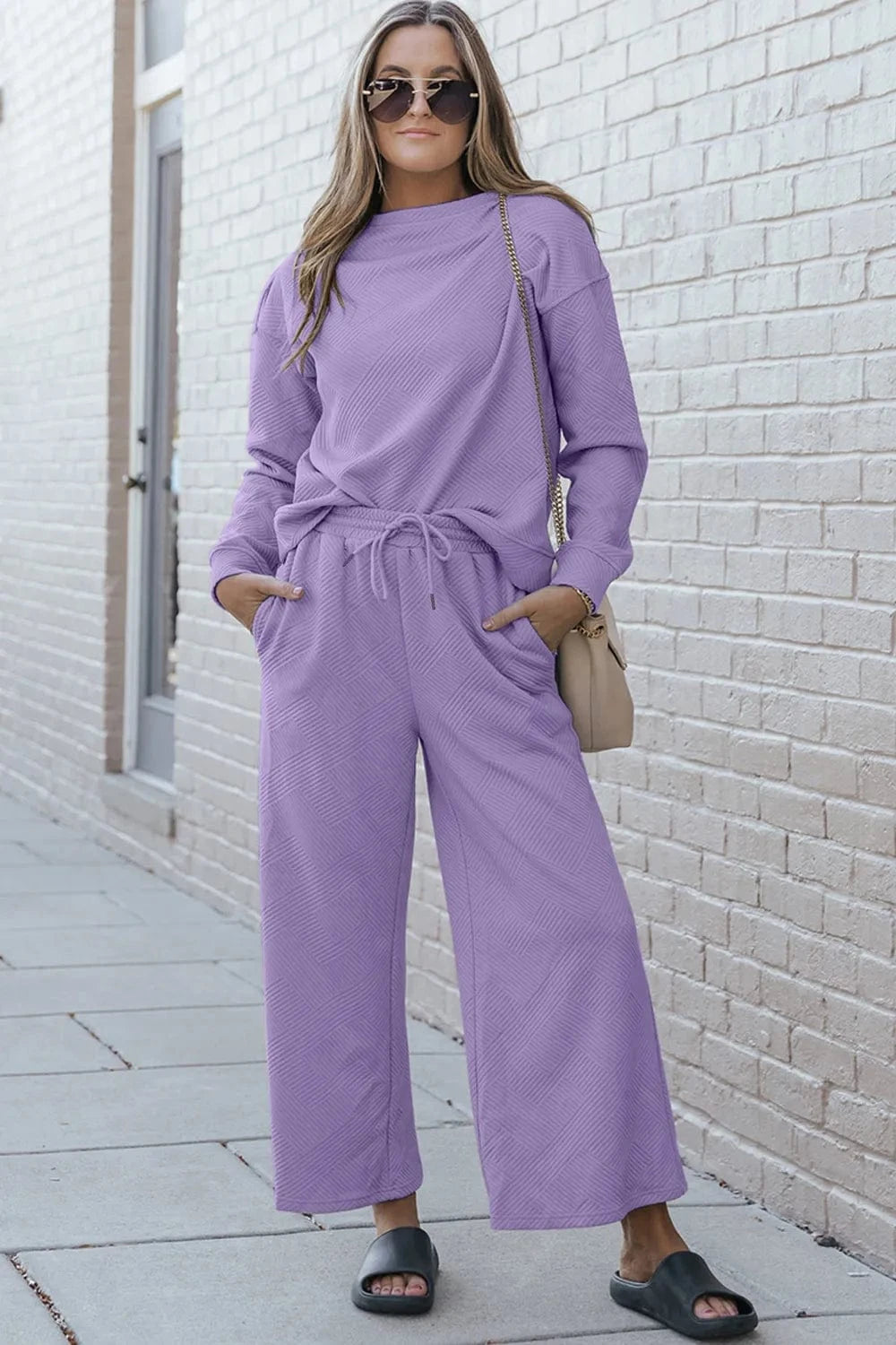 Double Take (Oh) Dresses Lavender / S Double Take Full Size Textured Long Sleeve Top and Drawstring Pants Set