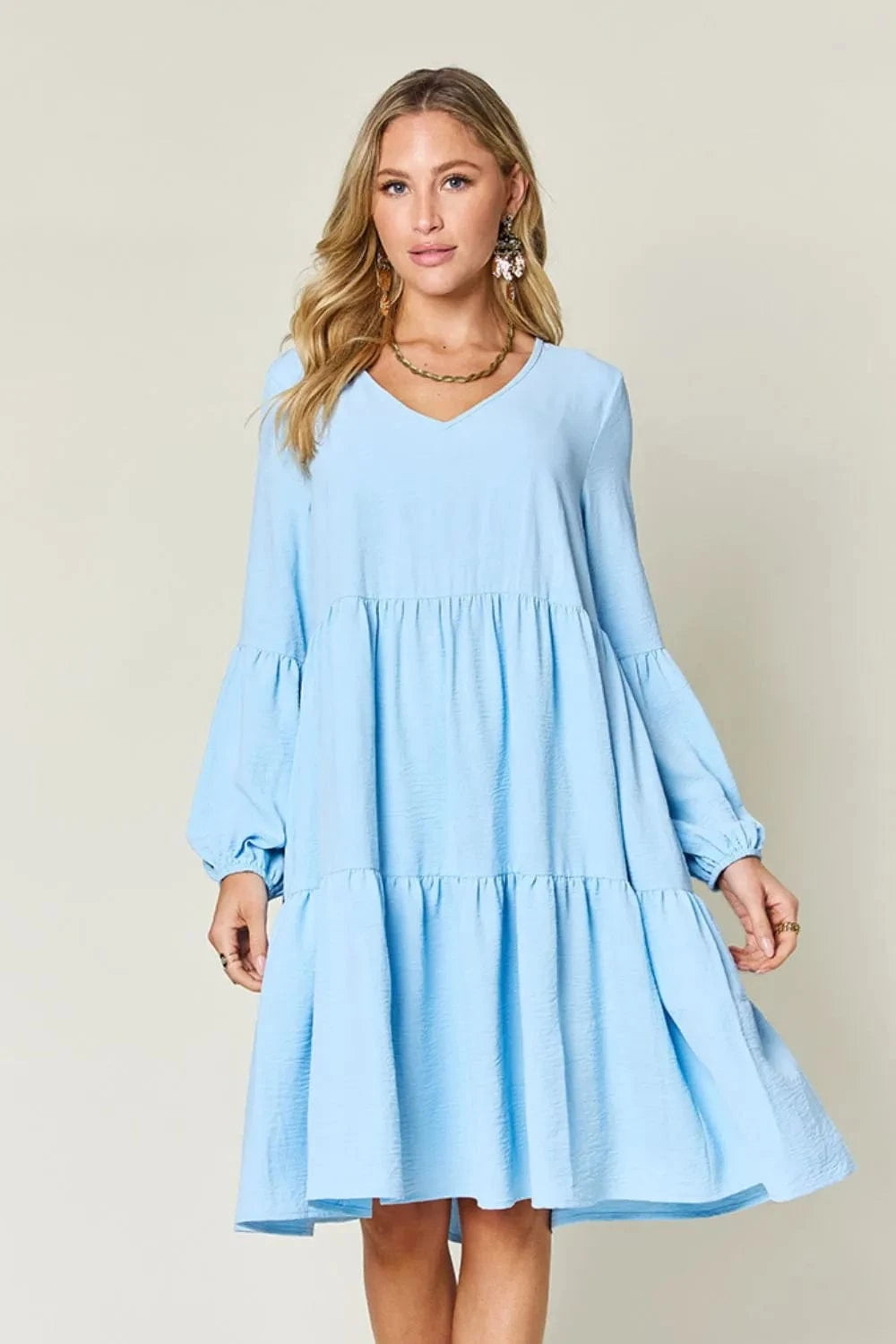 Double Take (Oh) Dresses Light Blue / S Double Take Full Size V-Neck Balloon Sleeve Tiered Dress with Pockets