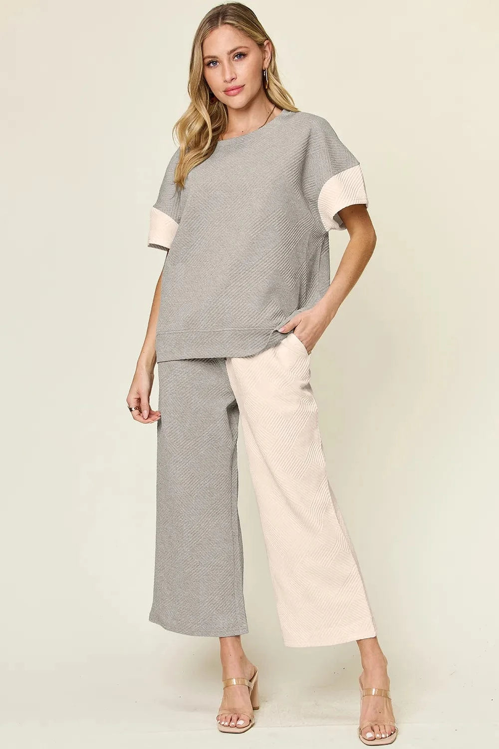 Double Take (Oh) Dresses Light Gray / S Double Take Full Size Texture Contrast T-Shirt and Wide Leg Pants Set