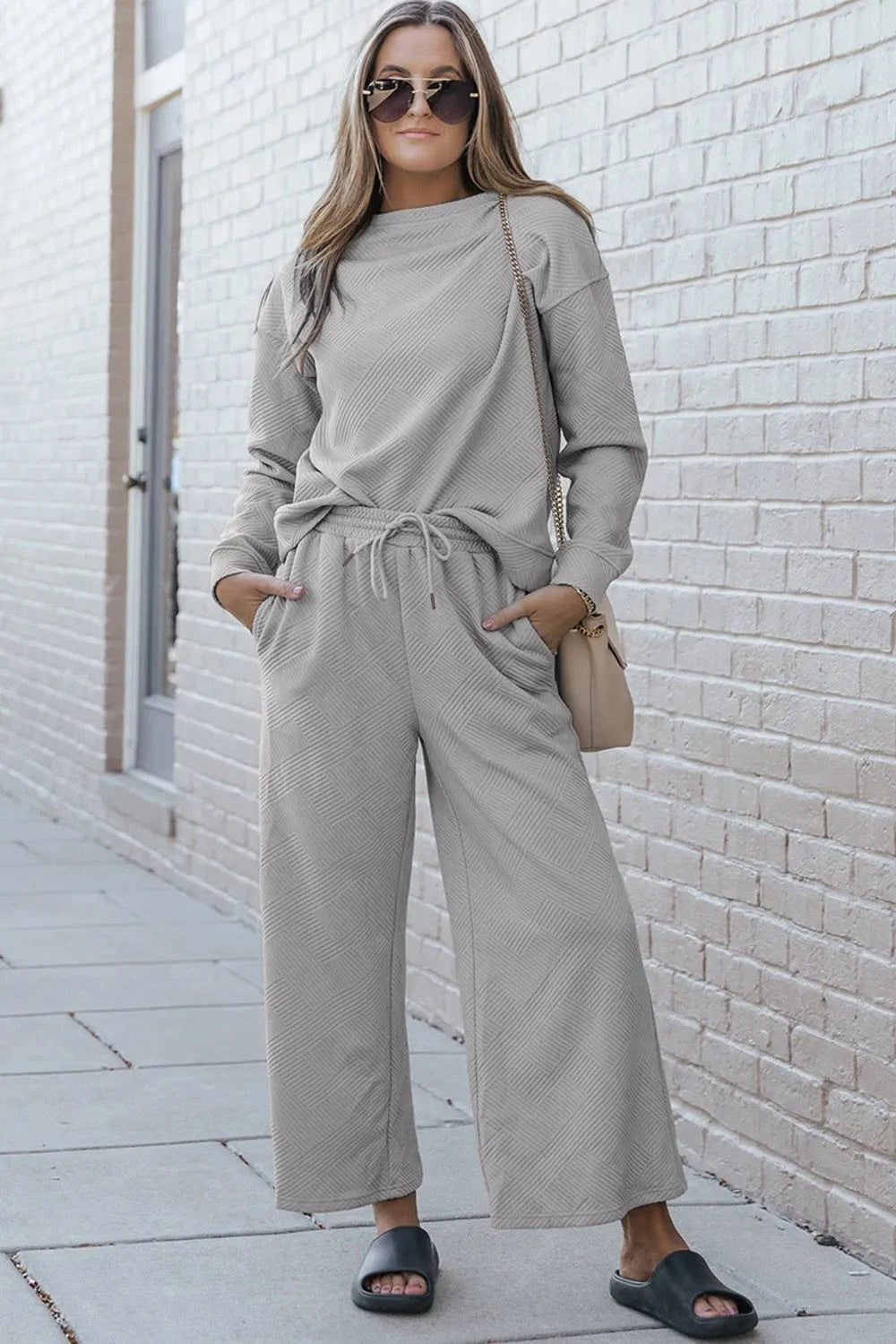 Double Take (Oh) Dresses Light Gray / S Double Take Full Size Textured Long Sleeve Top and Drawstring Pants Set