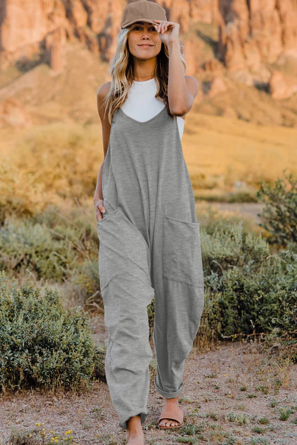 Double Take (Oh) Dresses Light Gray / S Double Take Full Size V-Neck Sleeveless Jumpsuit with Pockets