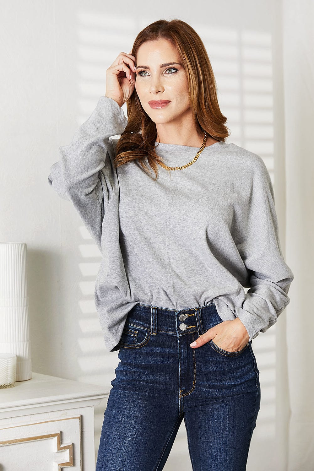 Double Take (Oh) Dresses Light Gray / S Double Take Seam Detail Round Neck Long Sleeve Top