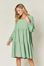 Double Take (Oh) Dresses Light Green / S Double Take Full Size V-Neck Balloon Sleeve Tiered Dress with Pockets