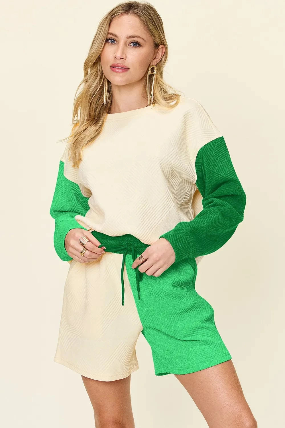 Double Take (Oh) Dresses Mid Green / S Double Take Full Size Contrast Drop Shoulder Top and Shorts Set