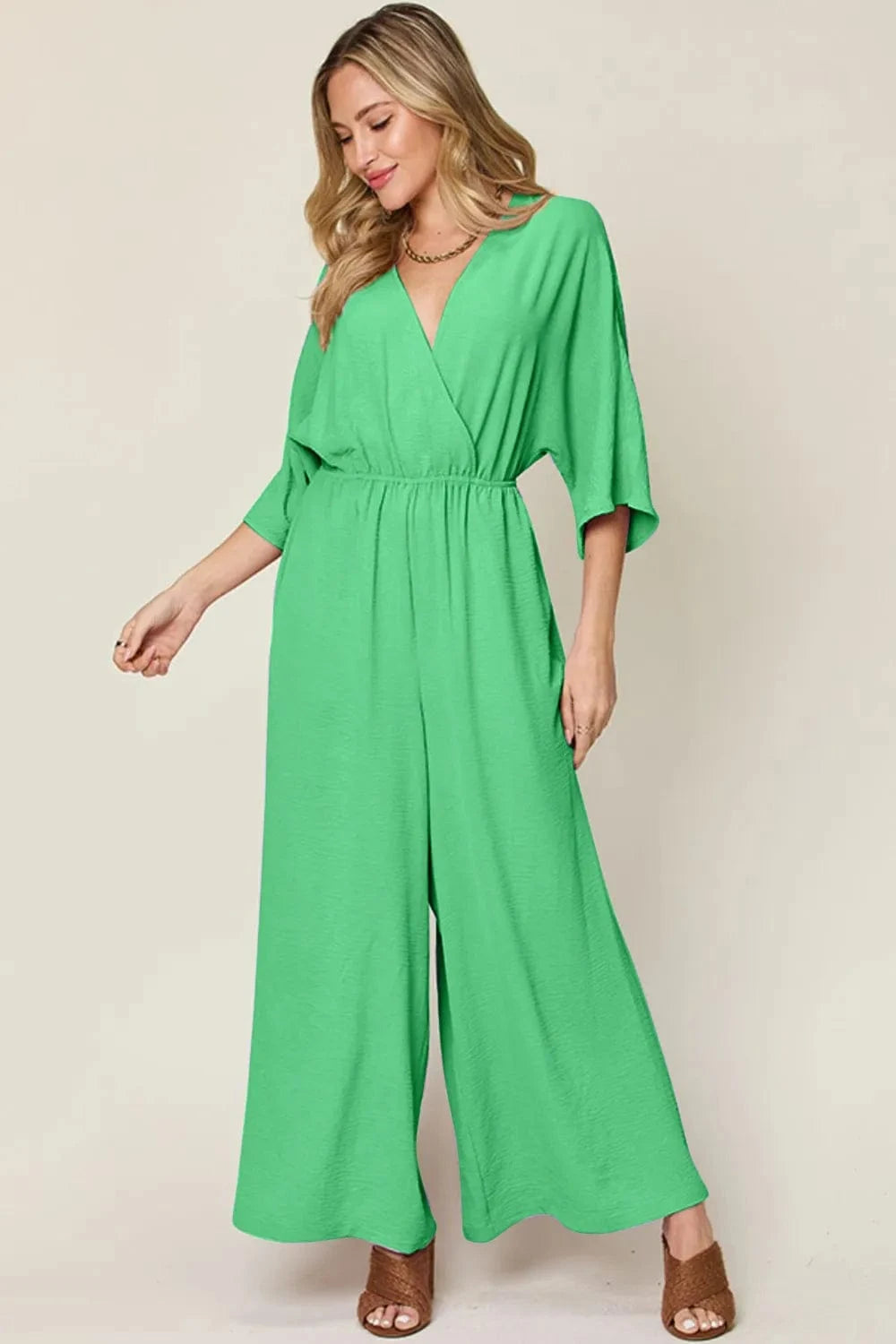 Double Take (Oh) Dresses Mid Green / S Double Take Full Size Surplice Wide Leg Jumpsuit with Pockets