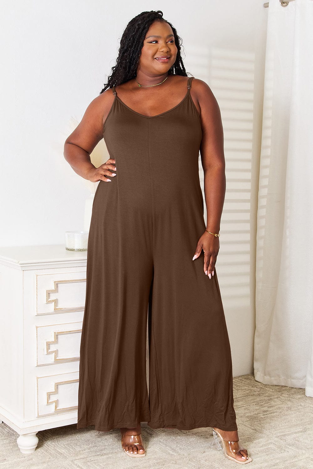 Double Take (Oh) Dresses Mocha / S Double Take Full Size Soft Rayon Spaghetti Strap Tied Wide Leg Jumpsuit