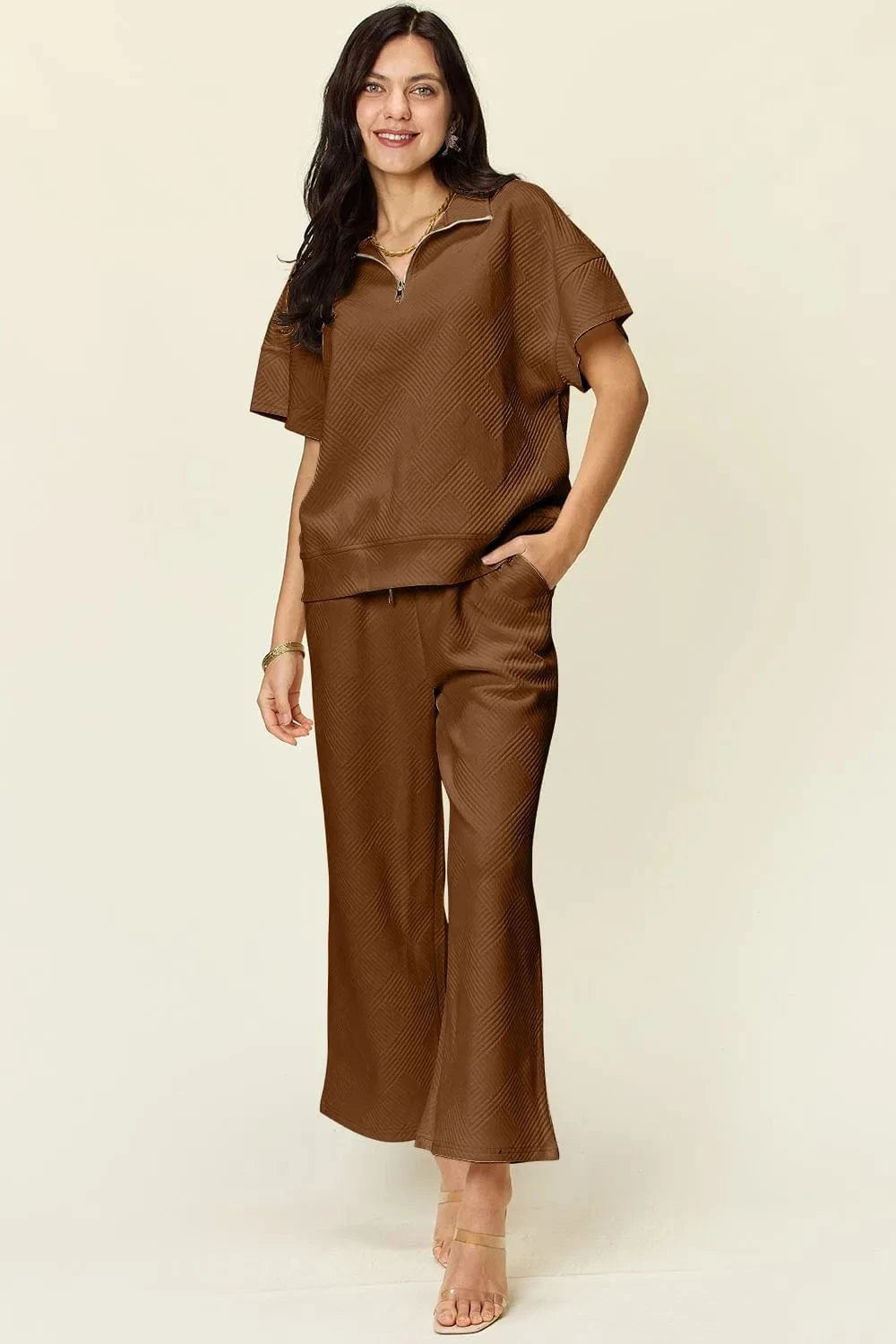Double Take (Oh) Dresses Mocha / S Double Take Full Size Texture Half Zip Short Sleeve Top and Pants Set