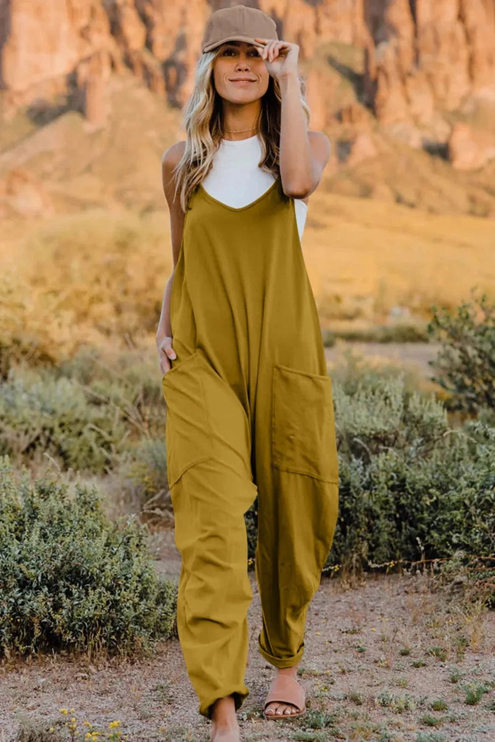 Double Take (Oh) Dresses Mustard / S Double Take Full Size V-Neck Sleeveless Jumpsuit with Pockets