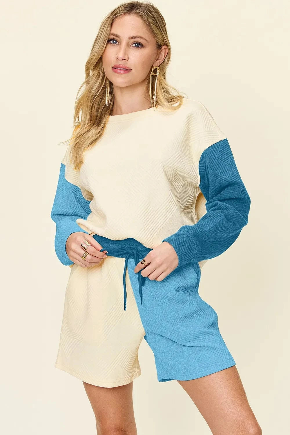 Double Take (Oh) Dresses Pastel  Blue / S Double Take Full Size Contrast Drop Shoulder Top and Shorts Set