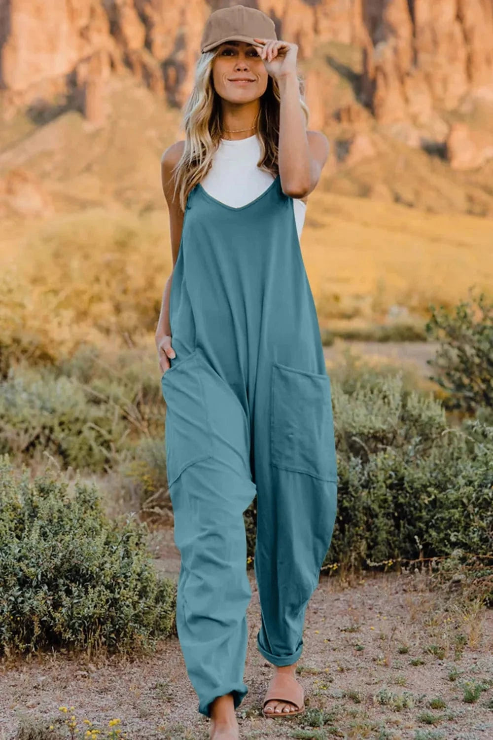 Double Take (Oh) Dresses Pastel  Blue / S Double Take Full Size V-Neck Sleeveless Jumpsuit with Pockets