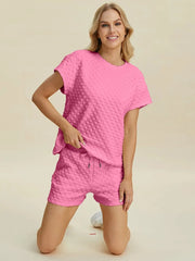 Double Take (Oh) Dresses Pink / S Double Take Full Size Texture T-Shirt and Shorts Set