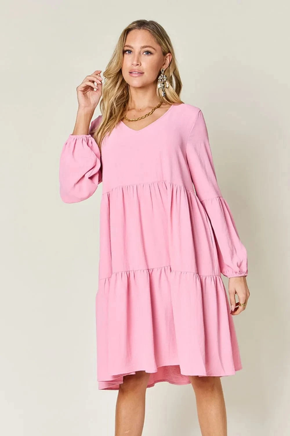 Double Take (Oh) Dresses Pink / S Double Take Full Size V-Neck Balloon Sleeve Tiered Dress with Pockets