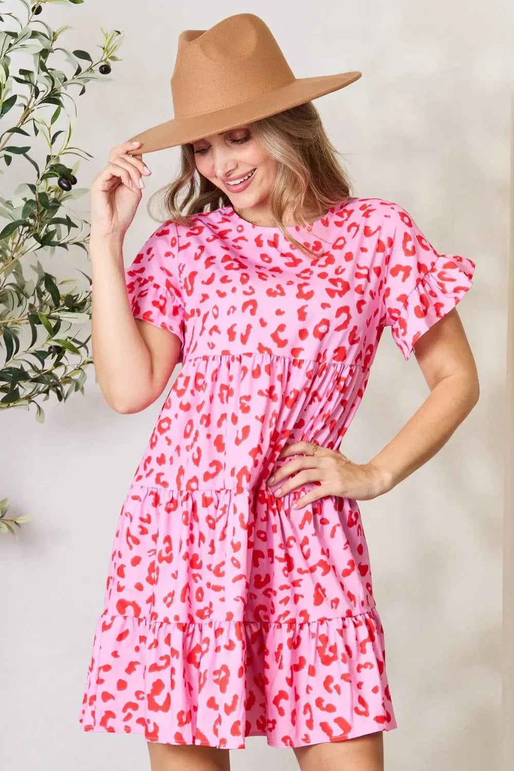 Double Take (Oh) Dresses Pink / S Double Take Short Flounce Sleeve Tiered Dress