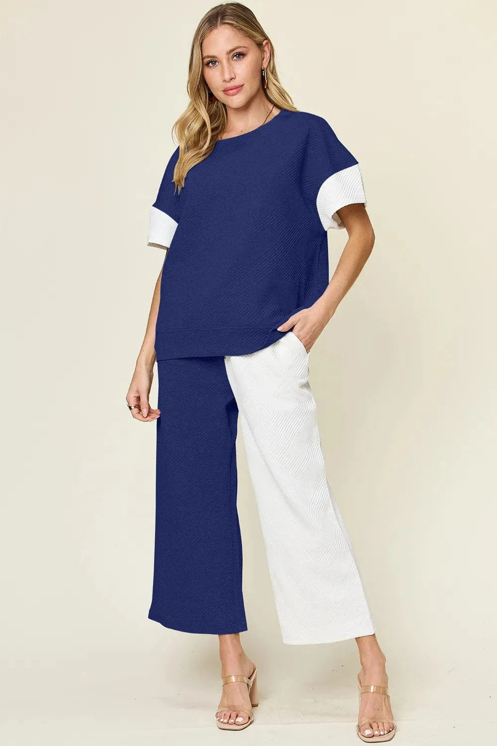 Double Take (Oh) Dresses Royal Blue / S Double Take Full Size Texture Contrast T-Shirt and Wide Leg Pants Set