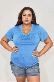 Double Take (Oh) Dresses Sky Blue / S Double Take Ruched V-Neck Short Sleeve T-Shirt